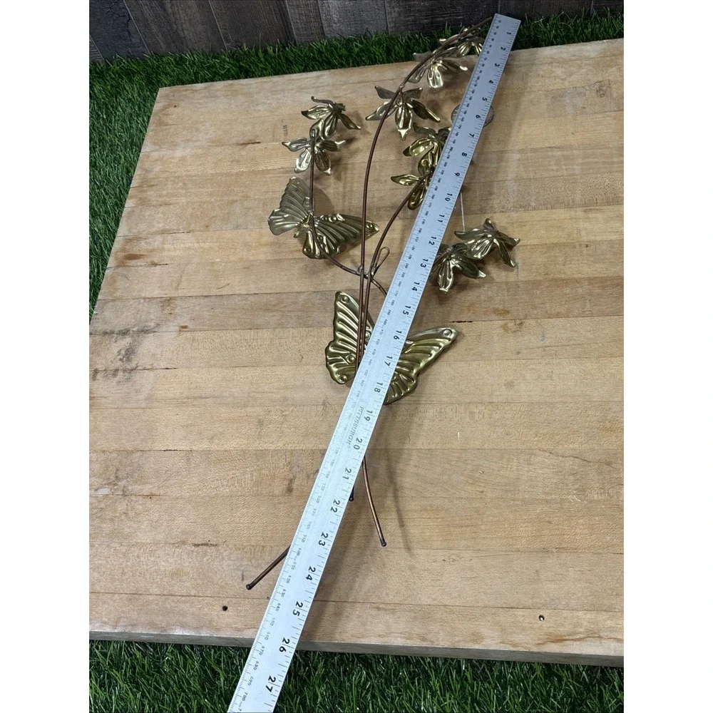 Retro MCM Metal Brass Butterfly Flower Leaves Wall Hanging Art Decor Set Of 2